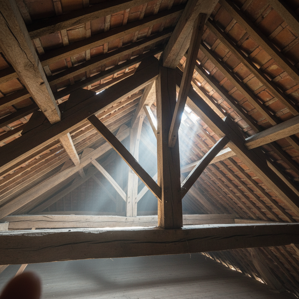 Charpente en bois dans les combles d'une maison au Bouscat — traitement termites CDBA