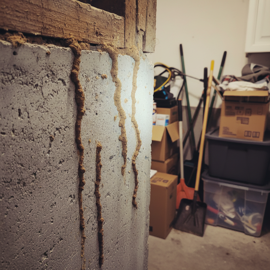 Cordonnets de termites souterrains sur mur de fondation — signe d'infestation active a Villenave-d'Ornon